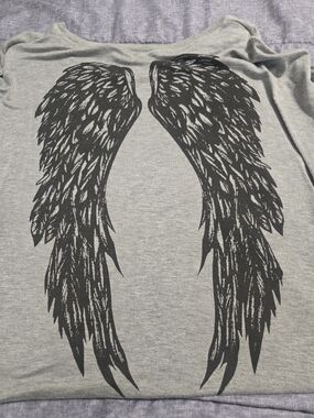 Grey Tee with Black Angel Wings Graphic